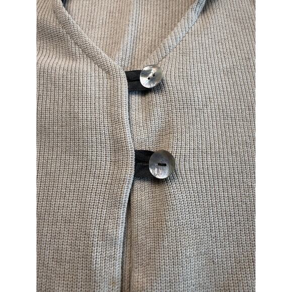 Cloda Linen Wool Cardigan Cream w/Slate Teal Trim Pockets Quiet Luxury Coastal M - Picture 4 of 7